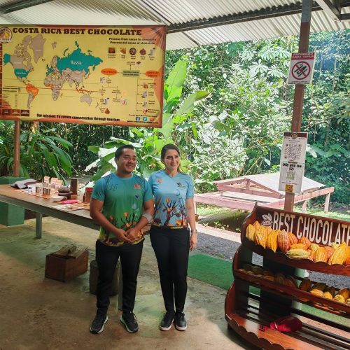 Guides at the covered tasting area of Best Chocolate, Sarapiquí